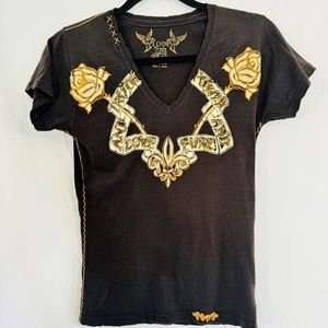 VtG Y2K Love Is Real Top Black Rose Fleur de Lis True Love T Shirt Tee S…